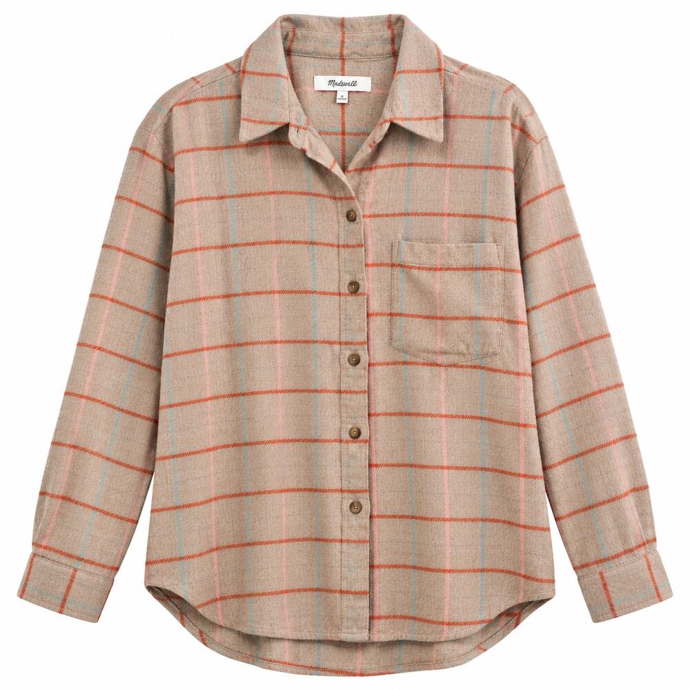 Madewell Flannel Sunday Shirt Keene Plaid Button Down 100% Cotton Tan Orange S